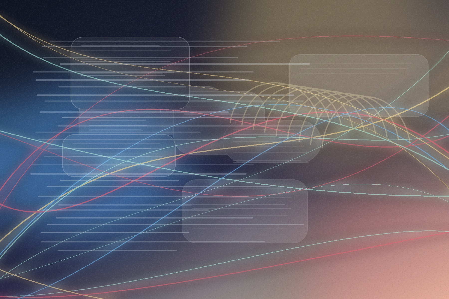Layered software workbench visual with code traces and light ribbons